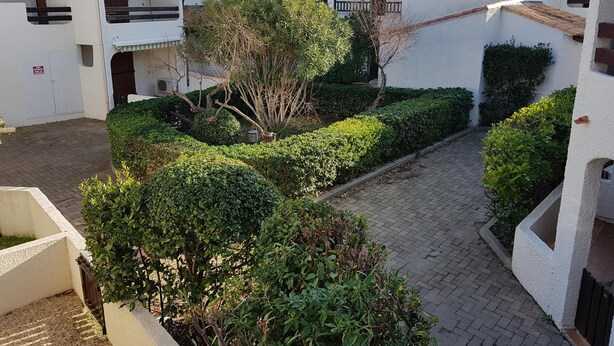 A courtyard with white buildings, a tree, and neatly trimmed hedges. - Studio 15 minutes from the Pont de Gau ornithological park (Saintes-Maries-De-La-Mer)