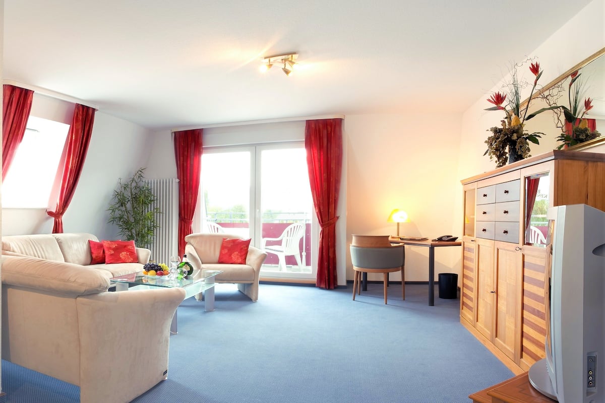 A living room with a sofa, a dining table, and a TV. There is a window with red curtains and a plant on the windowsill.