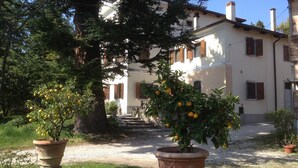 Une villa de style rustique, avec une allée en gravier, entourée d’arbres matures et de citronniers en pot.
