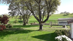 Une zone herbeuse avec un grand arbre, un petit bâtiment doté d’un toit en tuiles et une clôture en arrière-plan.
