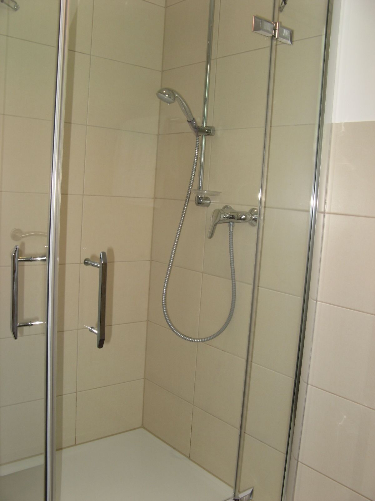 A glass-enclosed shower stall with a handheld showerhead and a wall-mounted faucet.