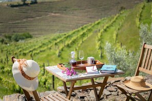 Una mesa con un libro, gafas, una botella y una bandeja en una terraza con vistas a un viñedo.