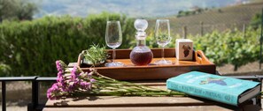 Una bandeja con copas de vino, una jarra y un libro titulado 'Guide to Wine Tourism in Portugal' sobre una mesa con vistas a un viñedo.