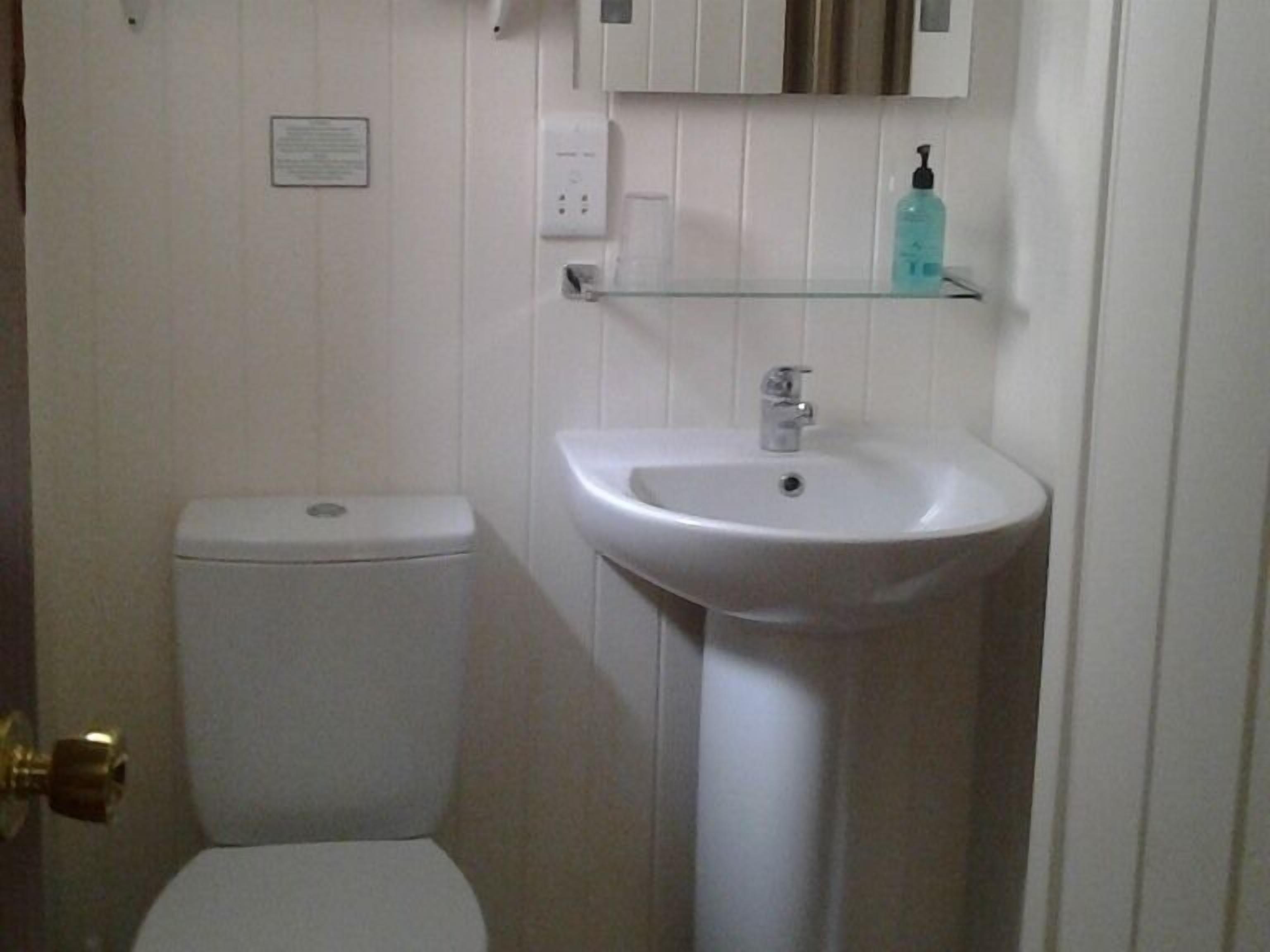 Une petite salle de bain avec des toilettes blanches, un lavabo sur colonne et une étagère au-dessus du lavabo.