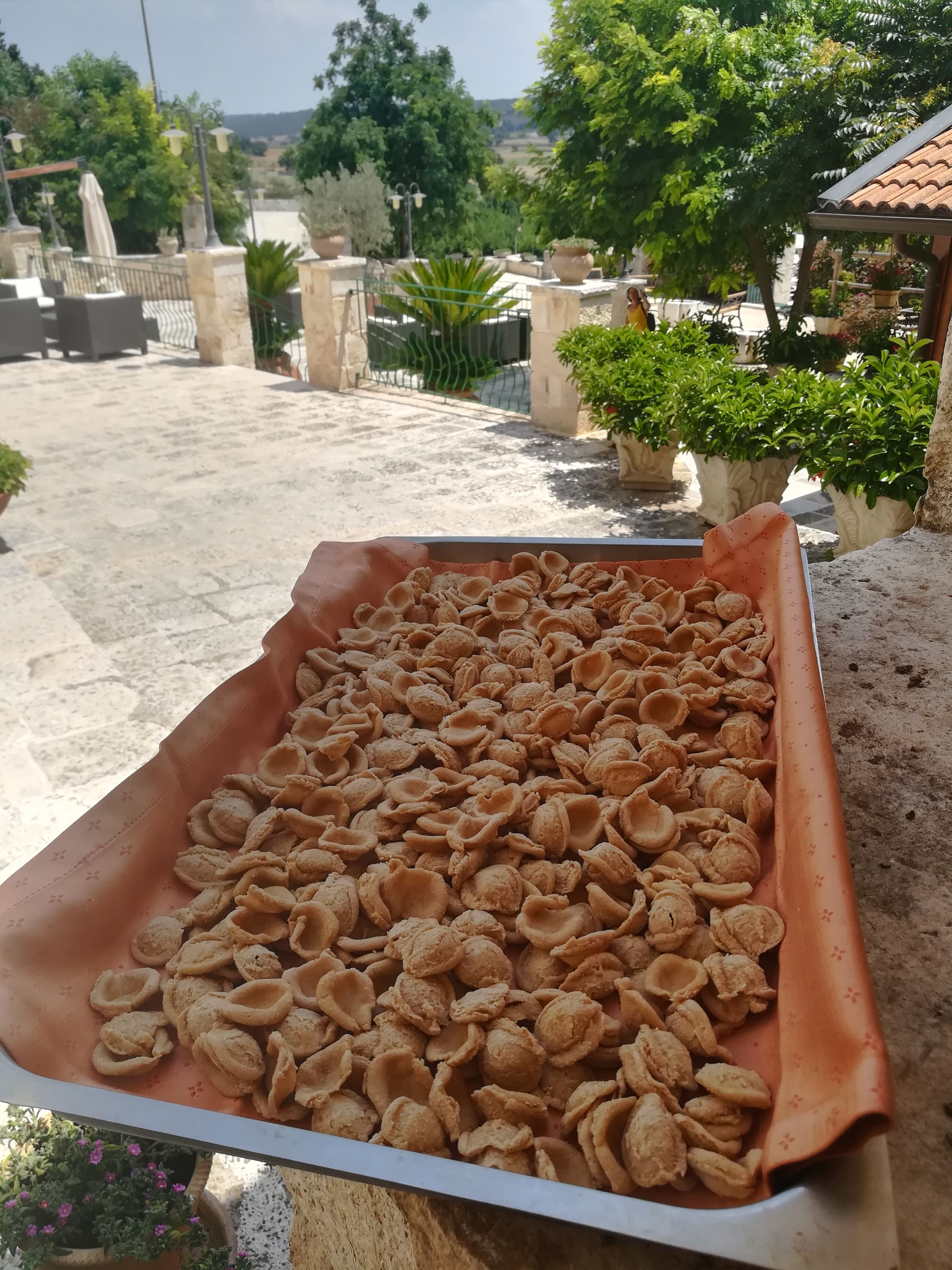 Un vassoio con degli snack su un balcone con vista su un giardino e un paesaggio lontano.