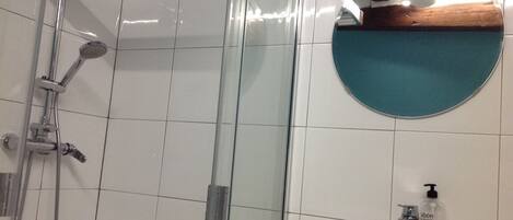 A bathroom with a glass shower enclosure, a white sink with a soap dispenser, and a mirror with a teal frame.