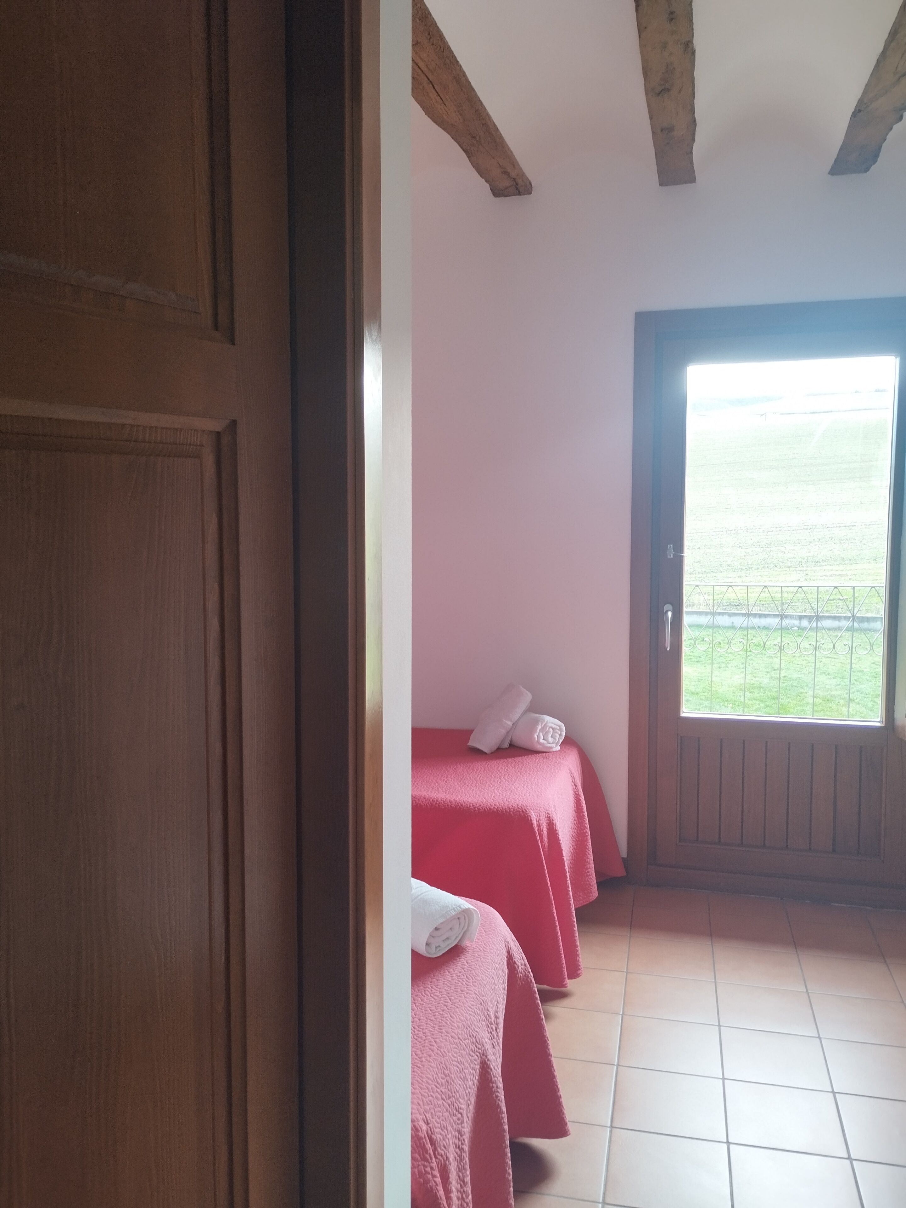 Une chambre avec deux lits, chacun recouvert d’une couverture rouge et agrémenté de serviettes blanches, une porte en bois et une fenêtre donnant sur un champ verdoyant.