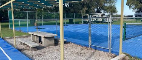 A covered outdoor area with a blue floor, benches, and a fence.
