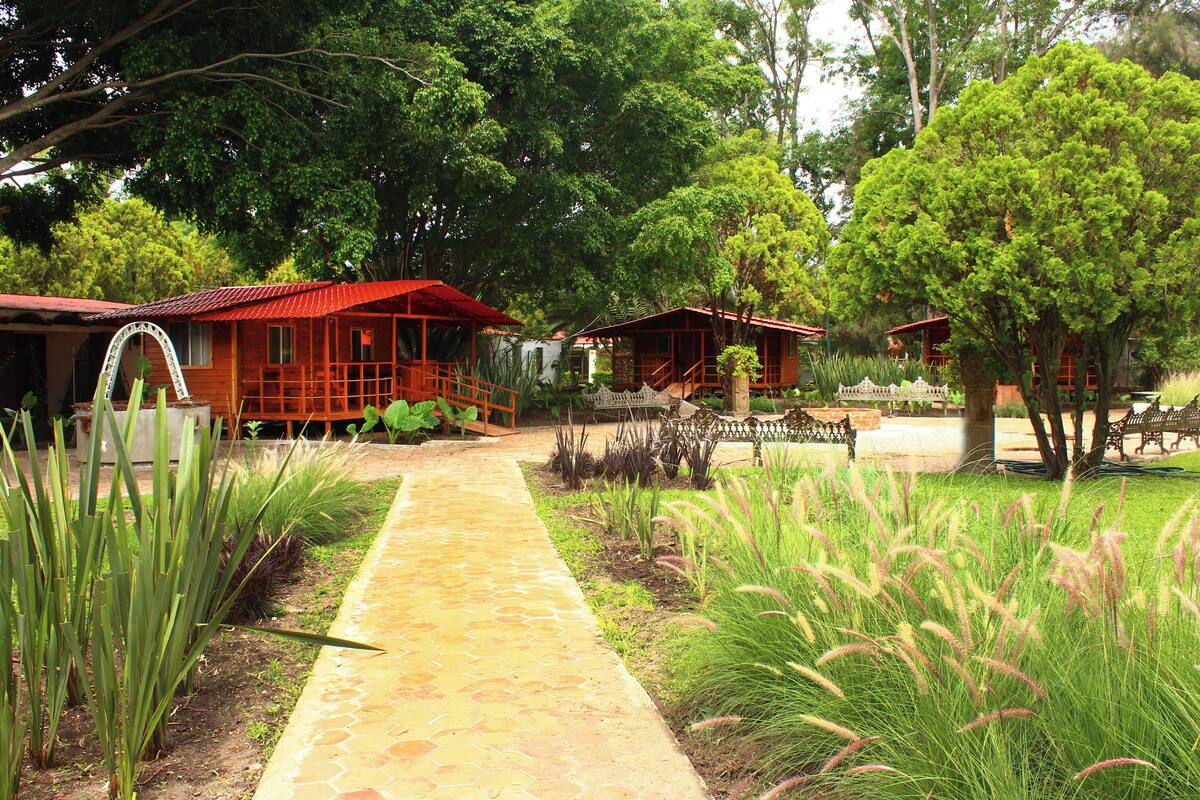 A pathway leading to a wooden structure with a red roof, surrounded by lush greenery and trees.
