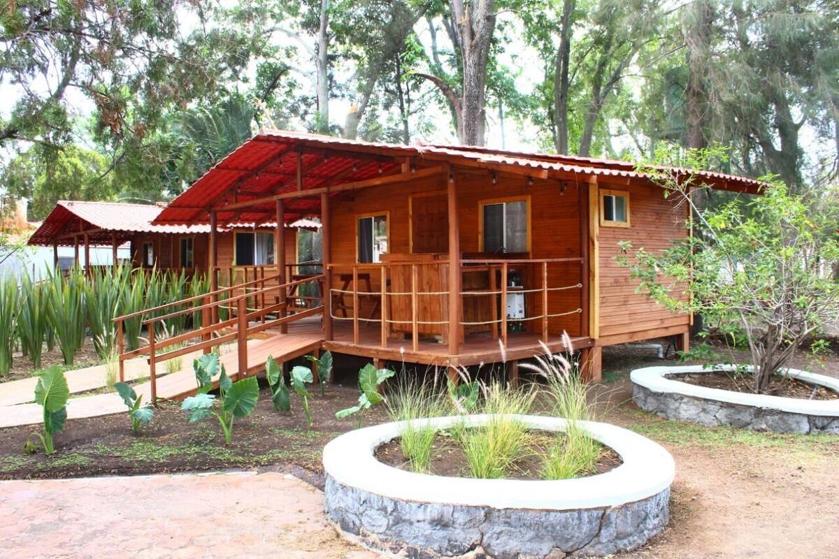 A wooden cabin with a porch and a small deck, surrounded by a garden with various plants and a stone planter.