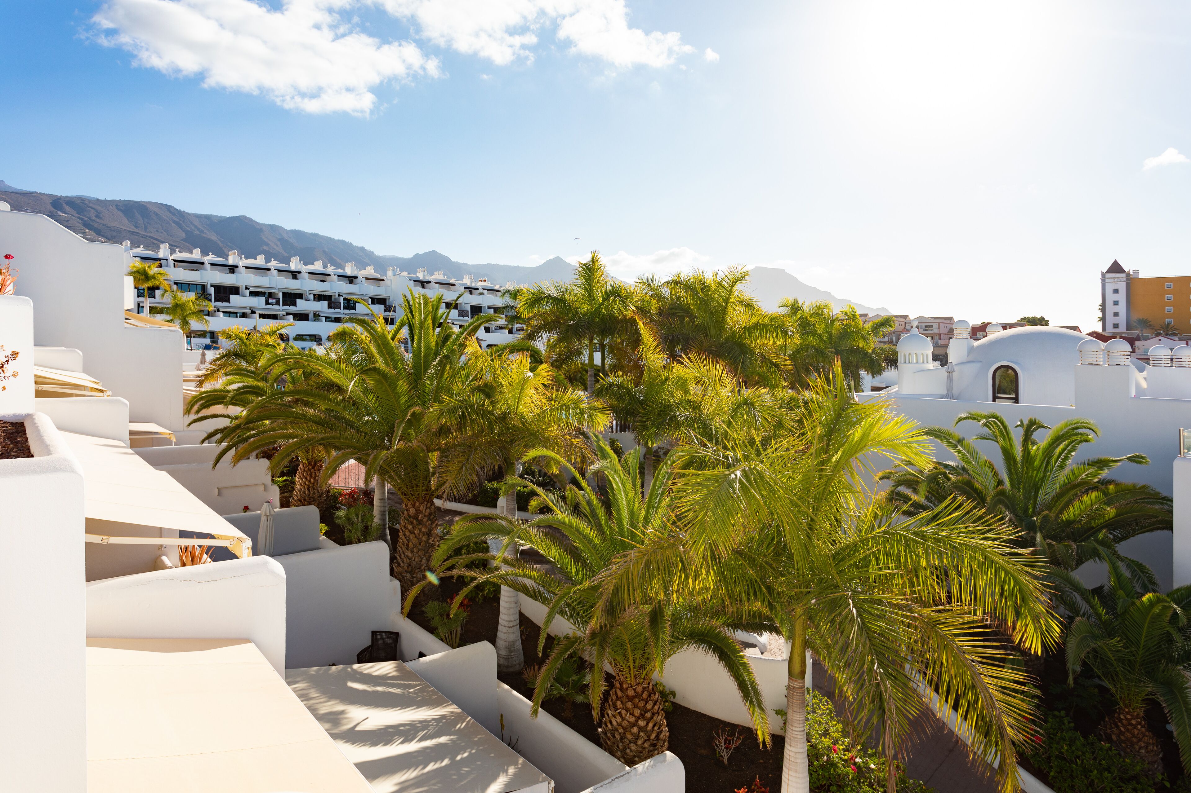 A resort with white buildings, palm trees, and mountains in the background.