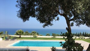 Une piscine avec vue sur l’océan, entourée de verdure et agrémentée de plantes en pot.