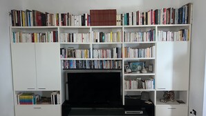 Une bibliothèque remplie de livres et un téléviseur placés au centre.