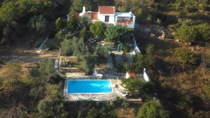 A villa with a swimming pool surrounded by lush greenery and hills. - Country Villa Kalimera | Private Hilltop Villa in Skopelos with Pool & Views (skopelos)