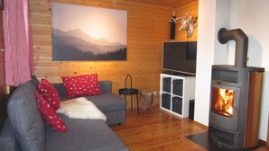 Un salon chaleureux avec un canapé, une cheminée, un téléviseur fixé au mur et un tableau représentant des montagnes.