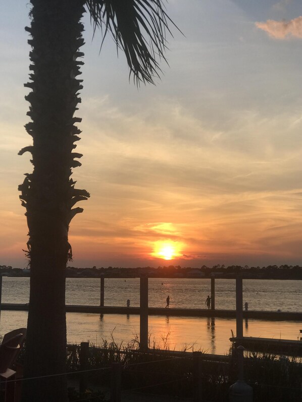 Un atardecer sobre un cuerpo de agua con palmeras y un muelle.