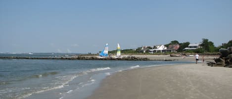 On the beach, sun-loungers, beach towels