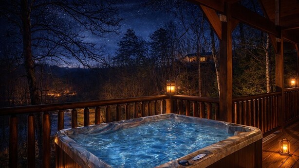 A hot tub on a wooden deck with a night sky view. - Couples | Honeymoon | Romantic Hot Tub (Gatlinburg)
