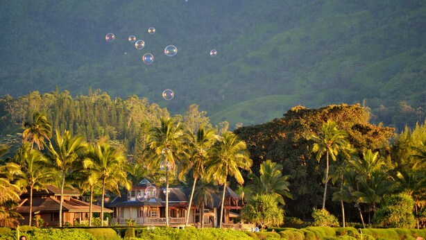 A tropical resort with palm trees and a house surrounded by lush greenery. - Kauai Sunrise, Rainbows, Ocean Views & 15th Fairway of Makai (Princeville)
