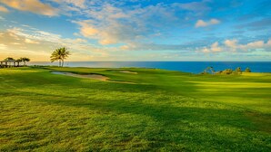 A golf course with a pavilion, palm trees, and a view of the ocean. - Kauai Sunrise, Rainbows, Ocean Views & 15th Fairway of Makai (Princeville)