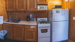 A compact kitchen with wooden cabinets, a microwave, a stove, and a refrigerator. - Cozy 1BR Lakefront Cabin w/ Private Launch & Dock (Backus)