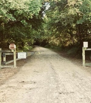 A dirt path leading into a wooded area with signs indicating horse-drawn vehicle prohibition and a picnic area. - Newly remodeled, cozy cottage only steps away from the Katy Trail in Windsor, MO (Windsor)