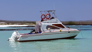 A white boat with a Suzuki outboard motor, lifebuoys, and the name "LEODAN" on the deck. - Galeodan Pompano Suite (Puerto Baquerizo Moreno)