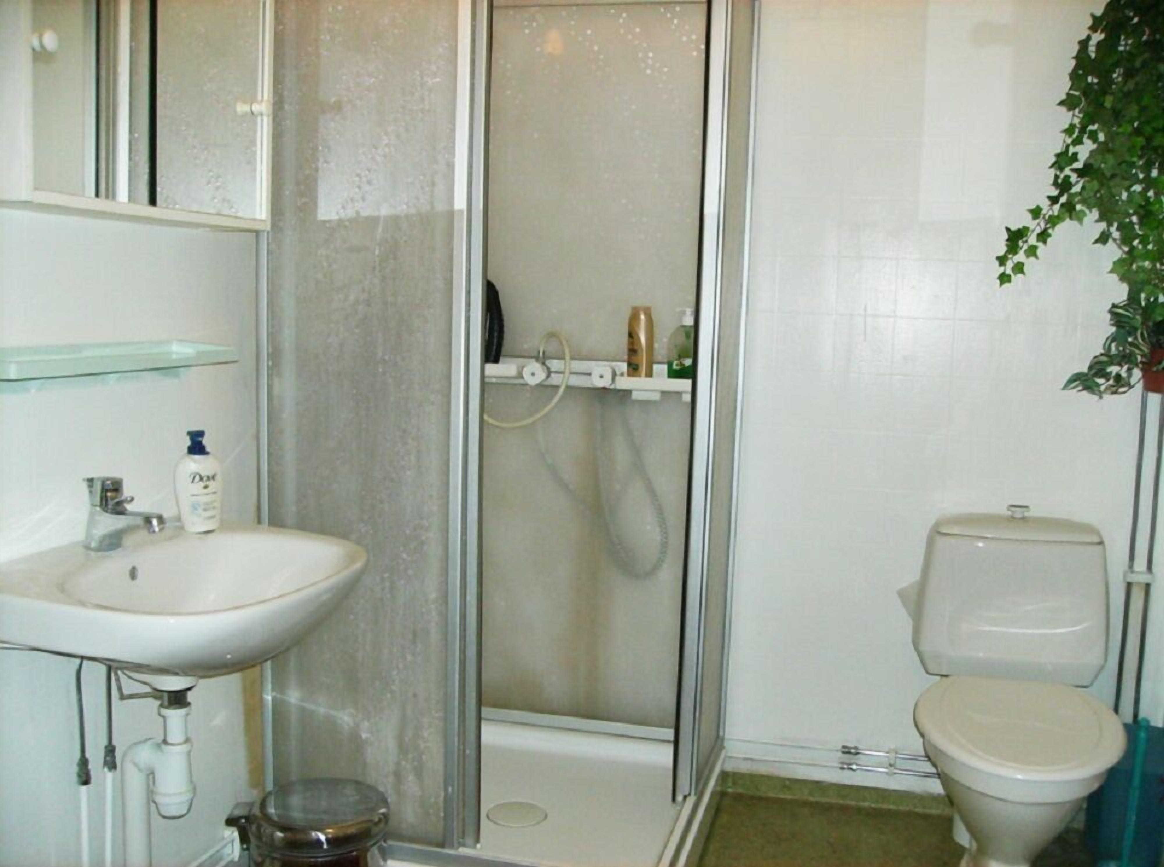 A bathroom with a glass-enclosed shower, a toilet, and a sink with a mirror above it.