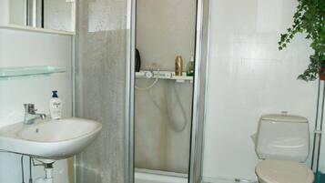 A bathroom with a glass-enclosed shower, a toilet, and a sink with a mirror above it.