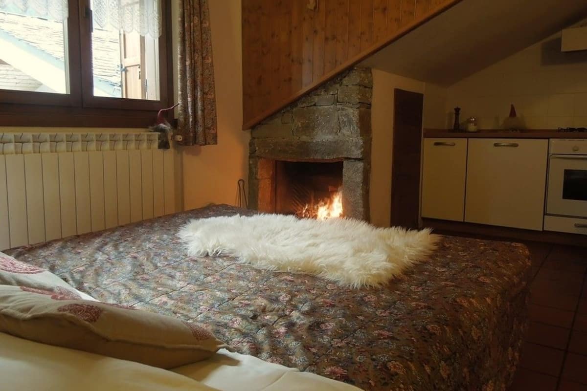 A room with a bed, a fireplace, and a kitchen area.