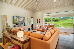 Bungalow, 3 Bedrooms, Golf View | Living area | 55-inch Smart TV with cable channels, TV
