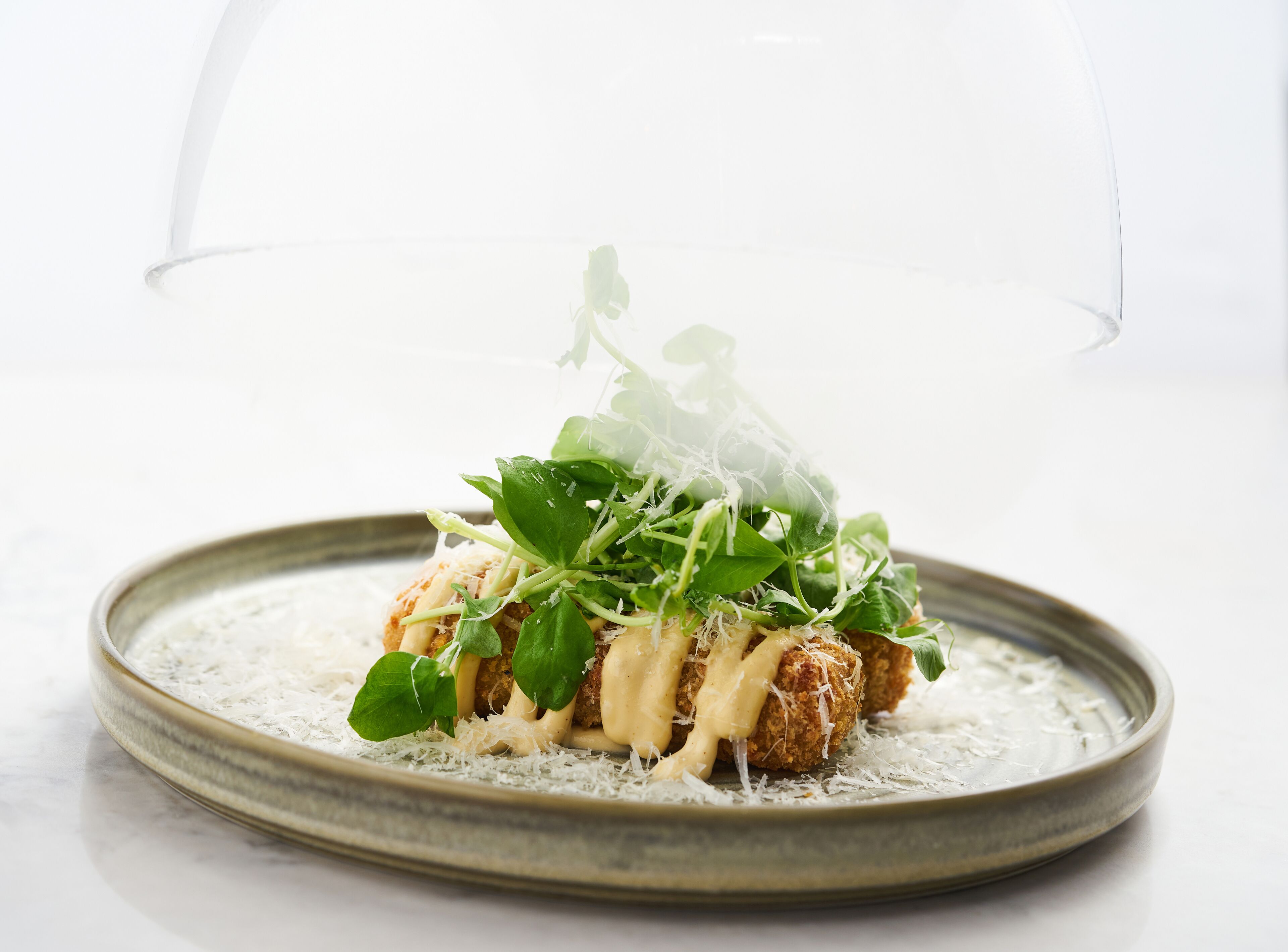 A plated dish with greens and a creamy sauce, under a glass dome.