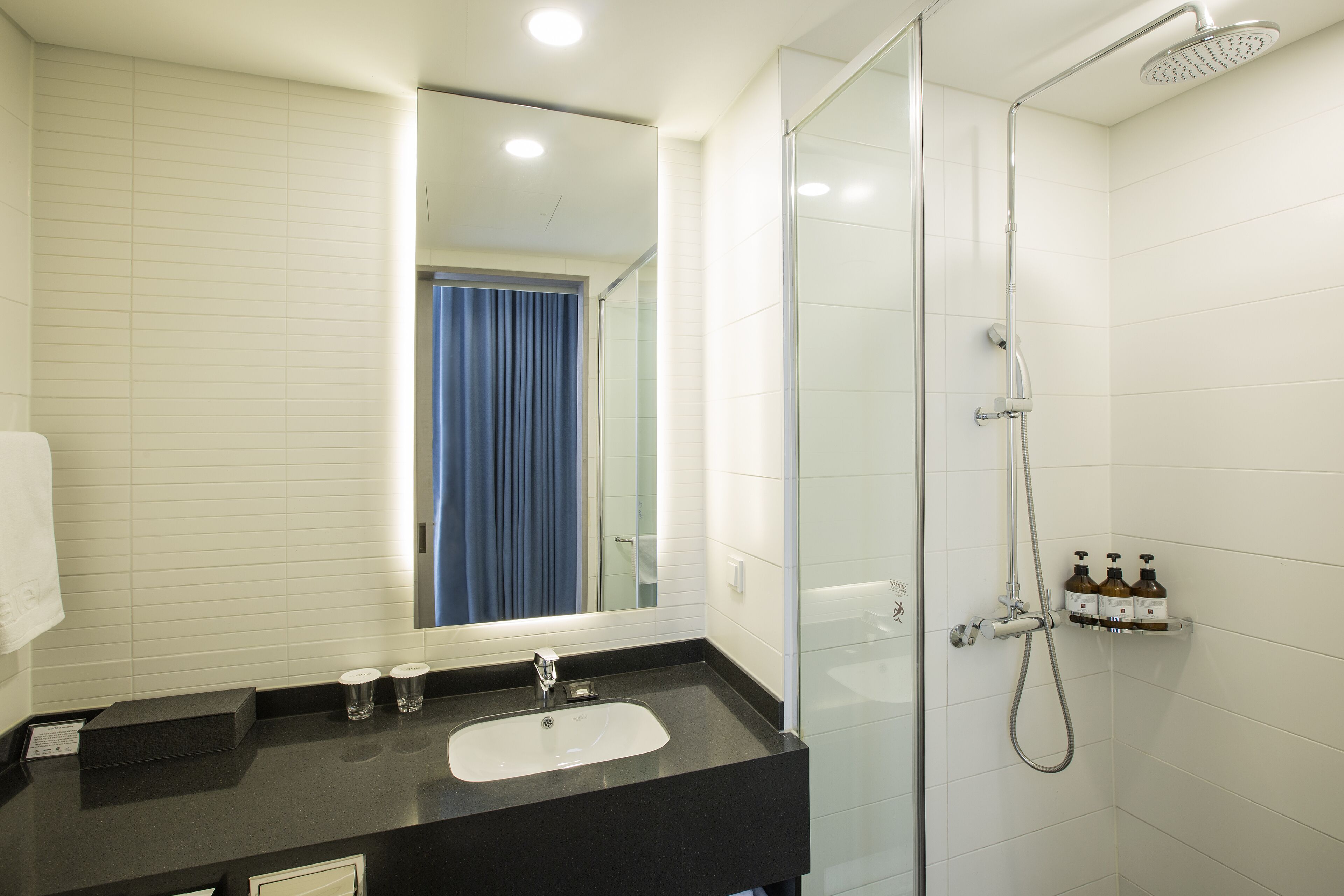 Un baño moderno con cabina de ducha de vidrio, un lavabo negro y un espejo.