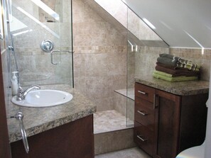 Shower, hair dryer, towels, toilet paper