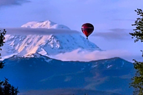 Early Morning Balloon over Enumclaw Plateau, Mt Rainier in the background.