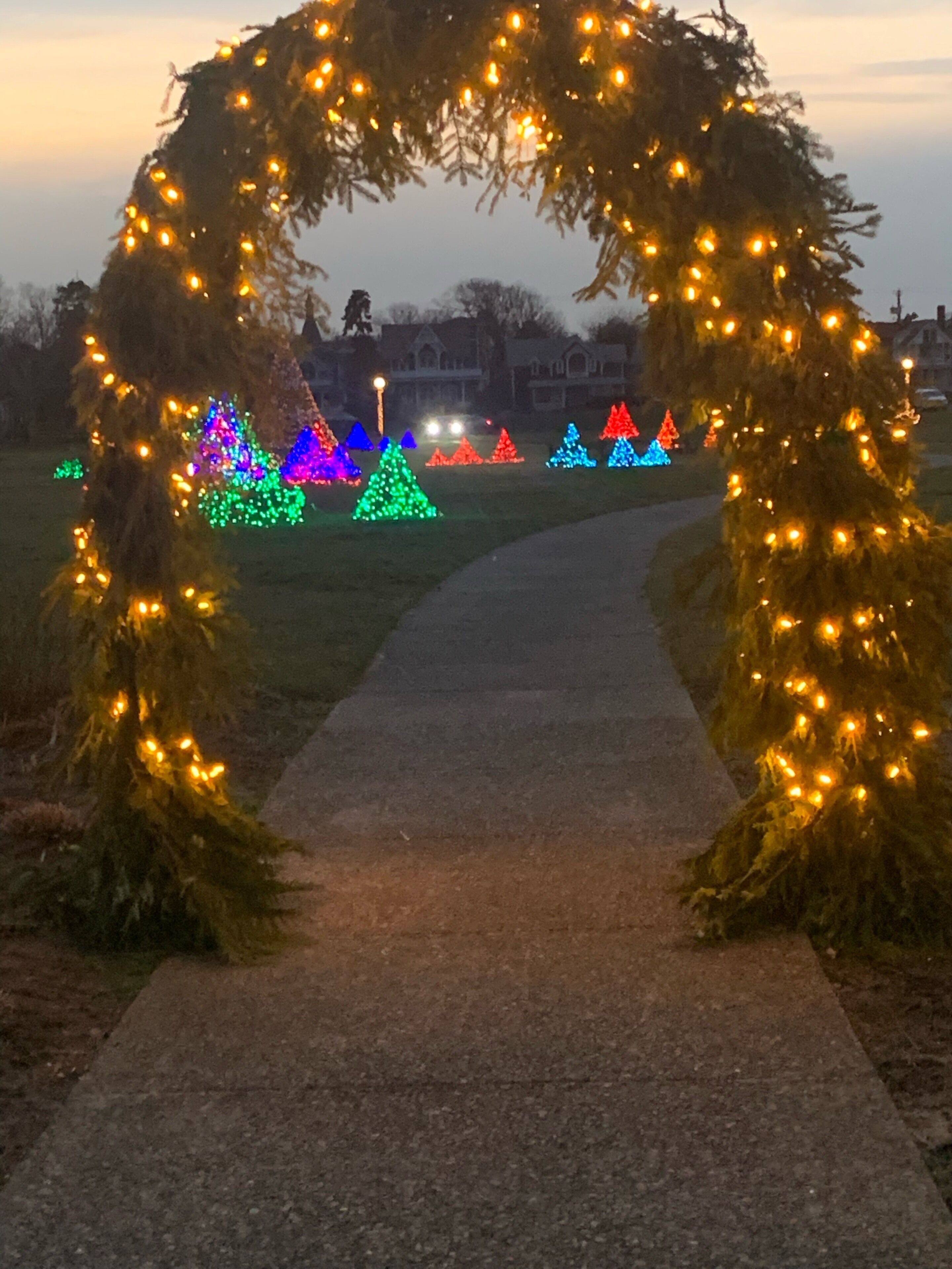 Un sentier qui traverse une arche décorée, bordée d’arbres illuminés.