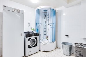 Combined shower/bathtub, hair dryer, towels, shampoo
