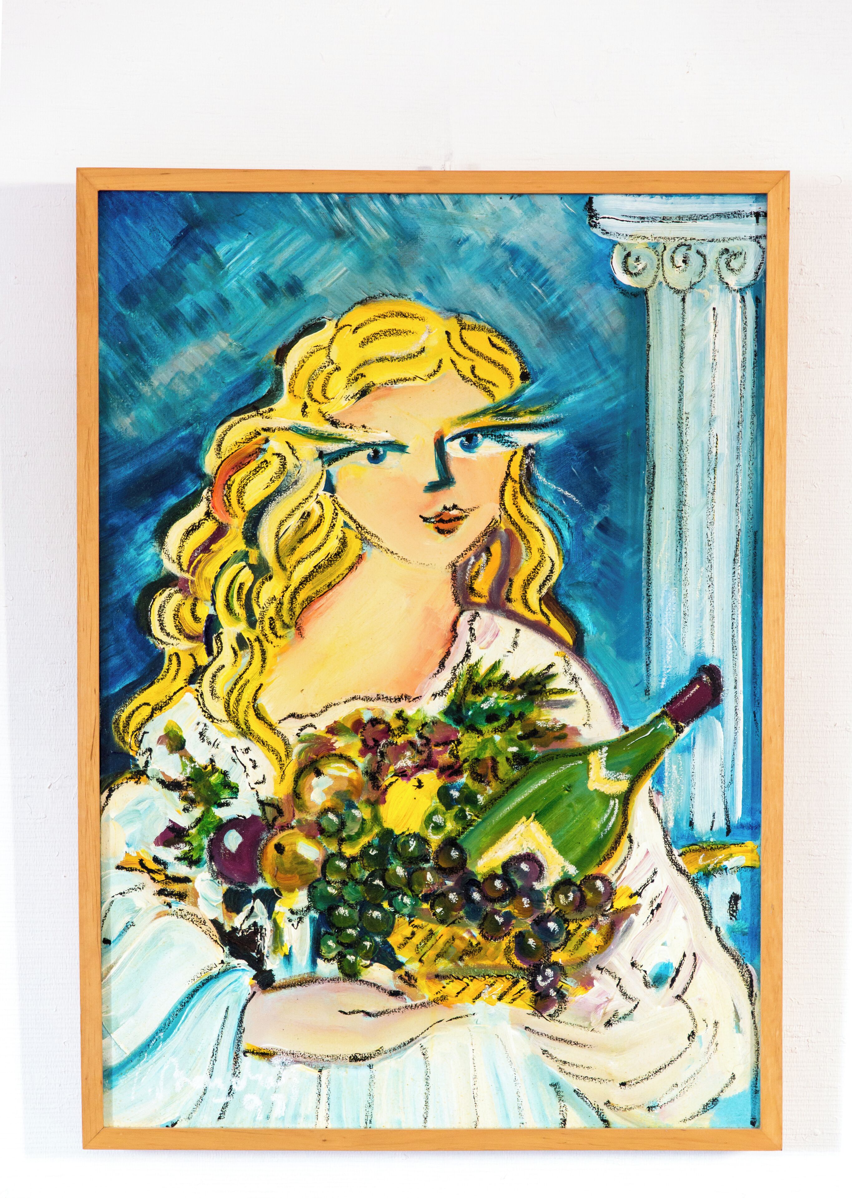 Ein Gemälde, das eine Frau mit einem Blumenstrauß und einer Flasche zeigt.