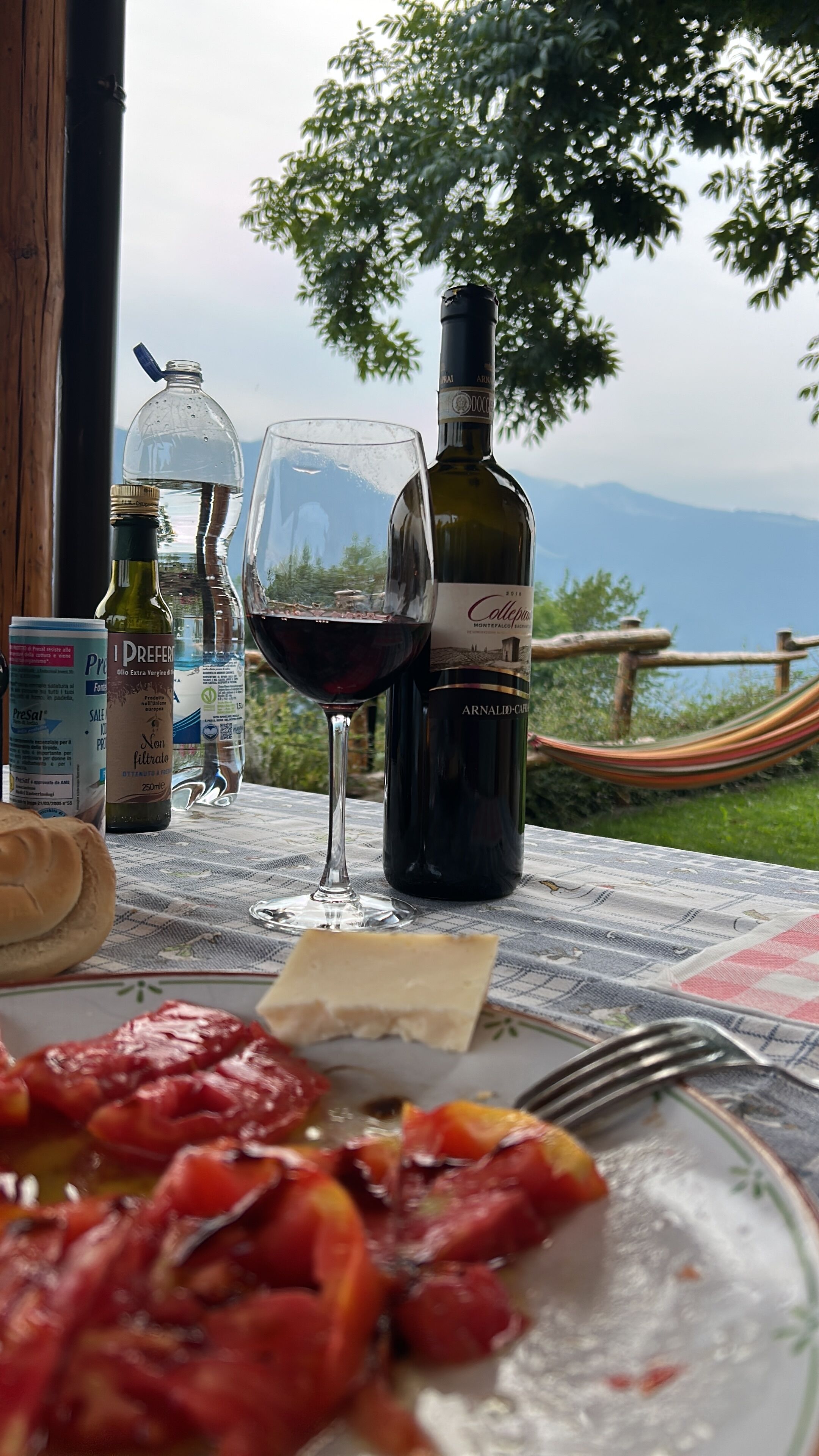 A table with a bottle of wine, a glass, and a plate of food, set against a scenic outdoor backdrop.