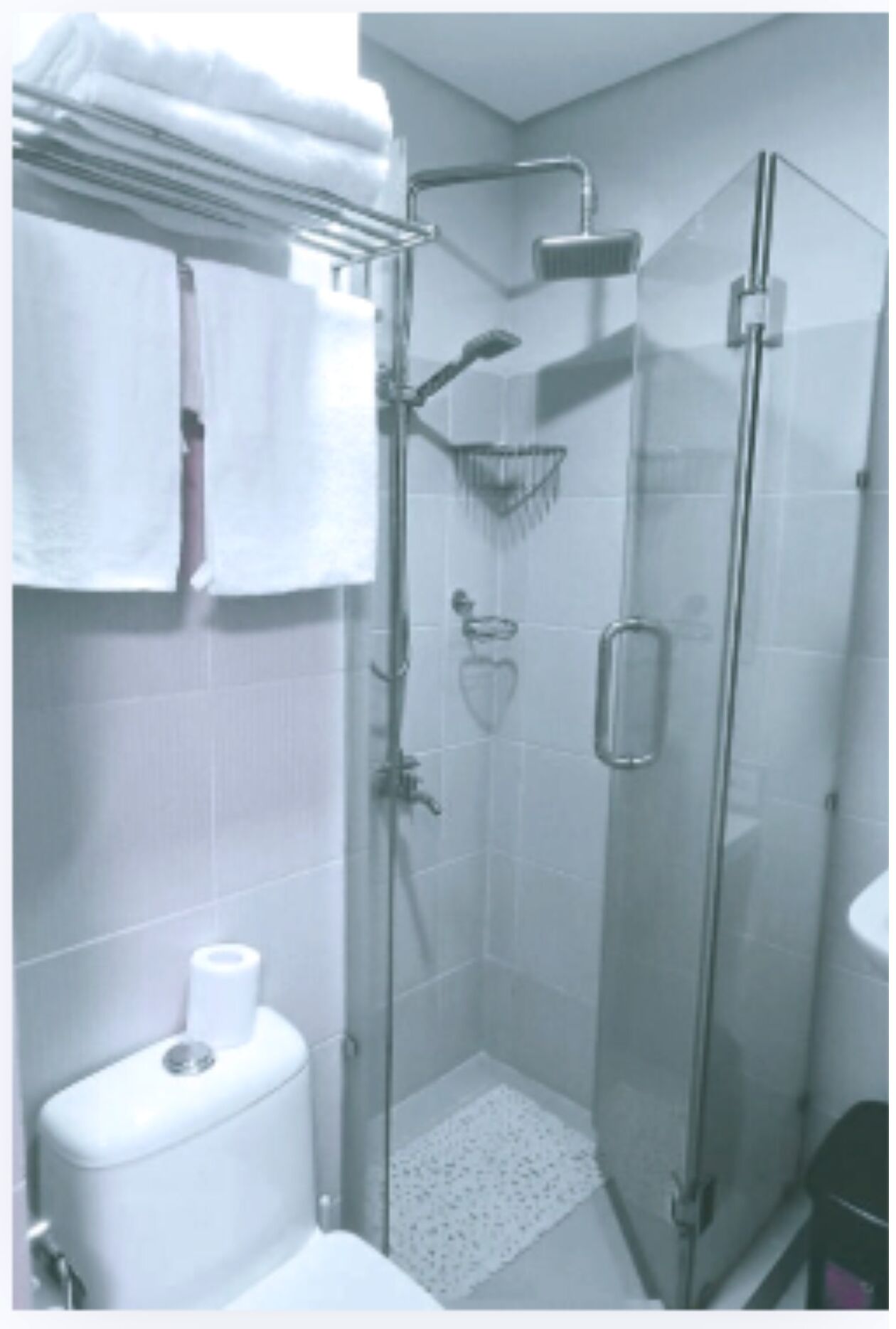 A small, enclosed glass shower stall with a toilet and a towel rack.