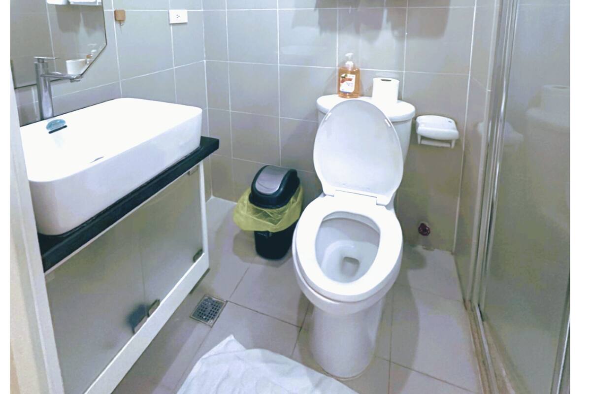 Une salle de bain équipée d’un lavabo, de toilettes et d’un espace douche.