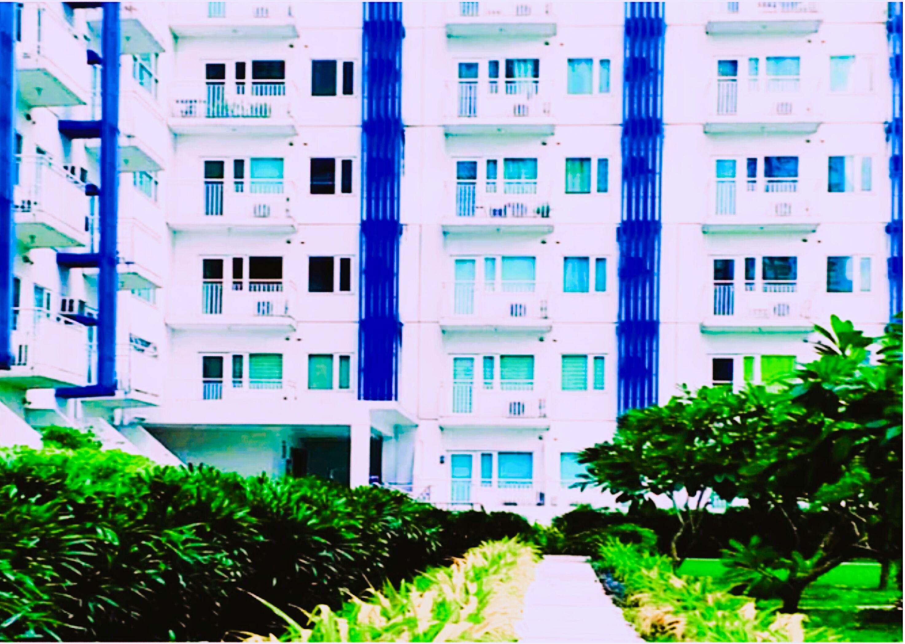Un edificio residencial de varios pisos con balcones, un camino central y follaje circundante.