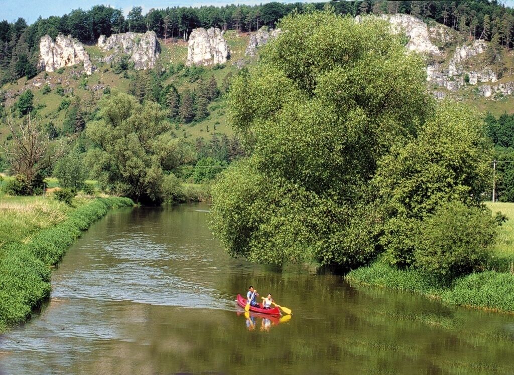A river with a canoe, surrounded by lush greenery and rocky cliffs.