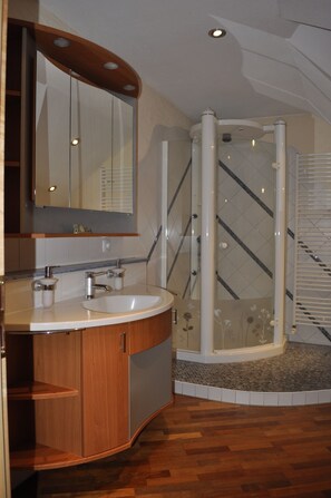 Bathtub, hair dryer, towels, soap