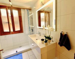 Dusche, Haartrockner, Handtücher, Seife