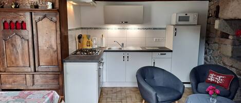 Fridge, microwave, oven, coffee/tea maker