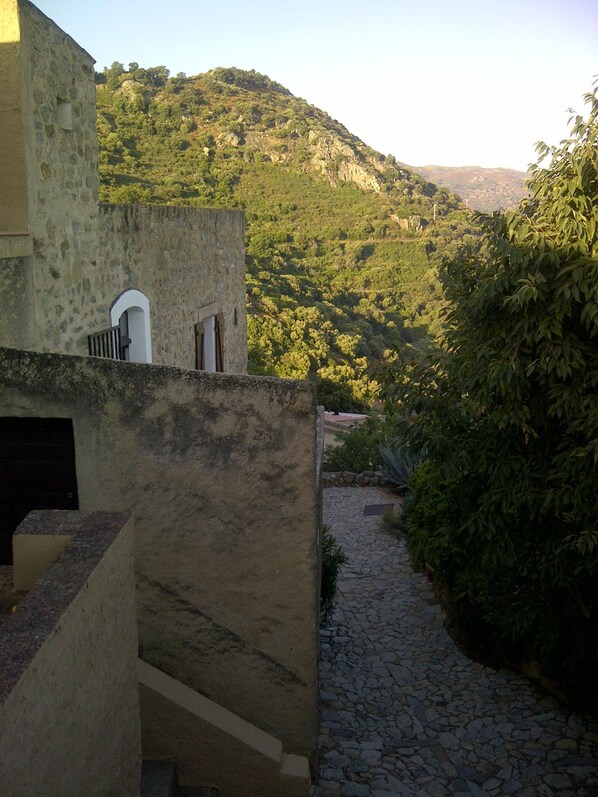 A stone building with a narrow stone pathway leading to a lush green hillside. - the little house of Pigna (Ile rousse)