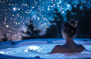 Une personne dans un jacuzzi, avec un arrière-plan flou de lumières.