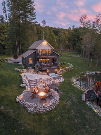 Exterior. ADIRONDACK 14FT WATER WHEEL LUXURY MOUNTAIN CABIN WITH HOT TUB AND POND! NEW!