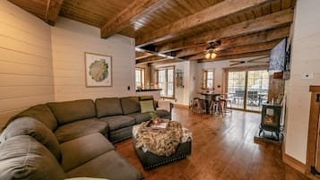 Smart TV, fireplace, books